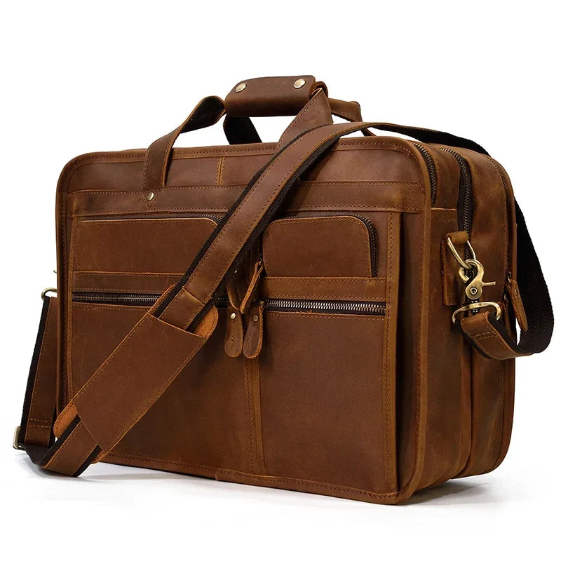 Men’s Leather Briefcase - 3-Compartment Crazy Horse Work Bag - Light brown
