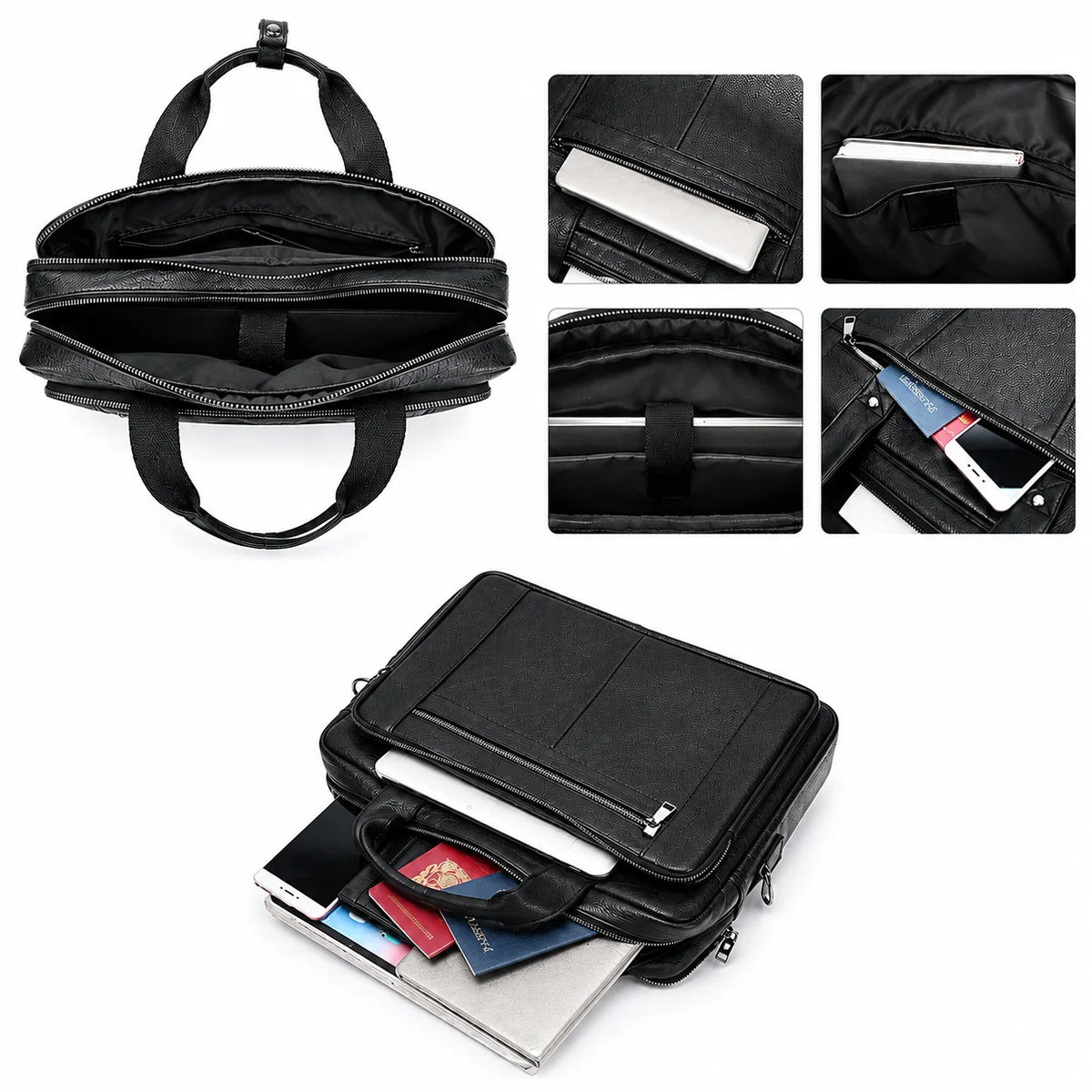 Men’s Black Leather Briefcase - Adjustable Strap 15-Inch Laptop Bag