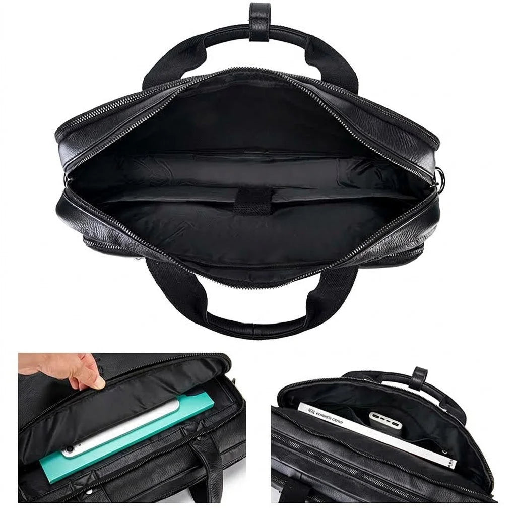 Men’s Black Leather Briefcase - Adjustable Strap 15-Inch Laptop Bag