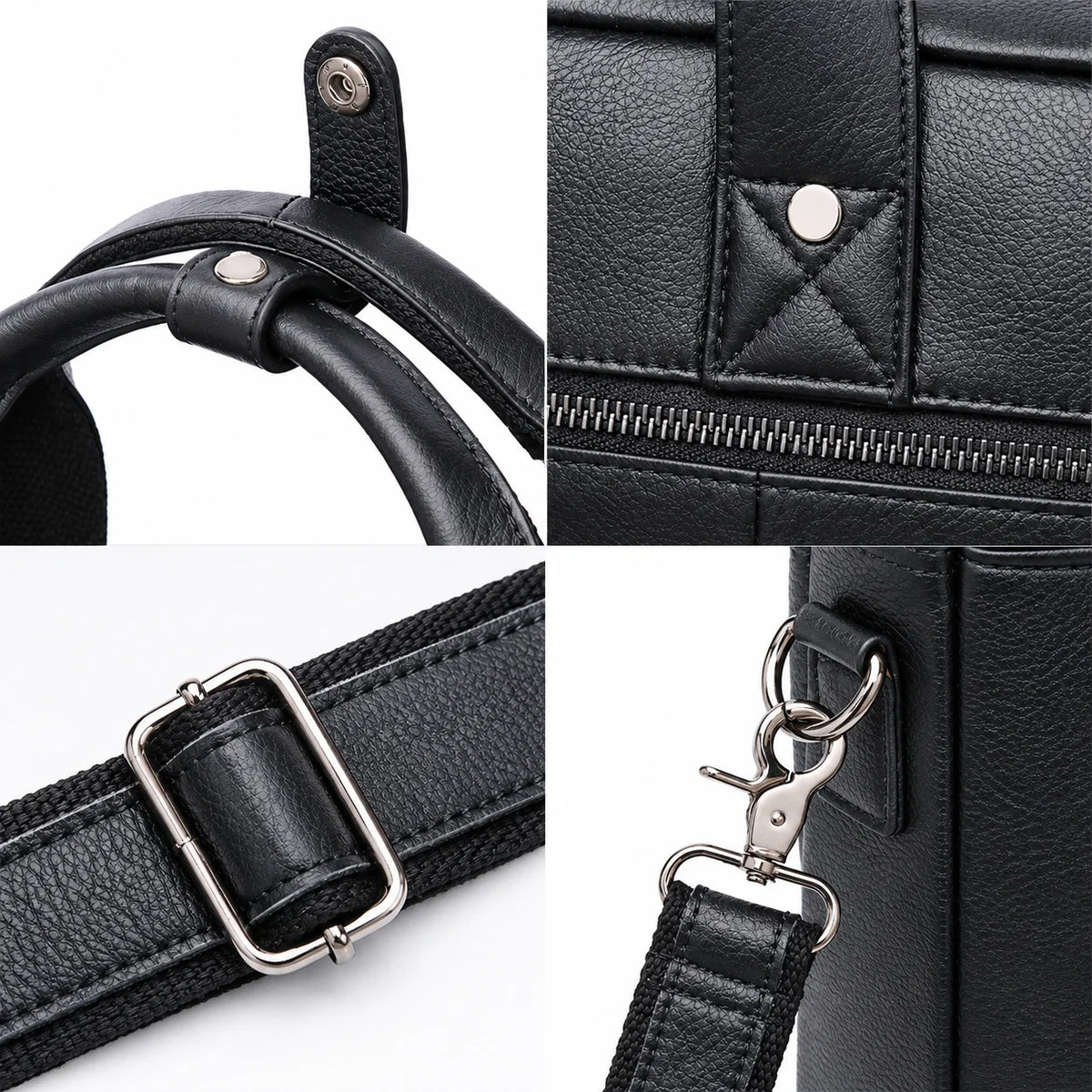 Men’s Black Leather Briefcase - Adjustable Strap 15-Inch Laptop Bag