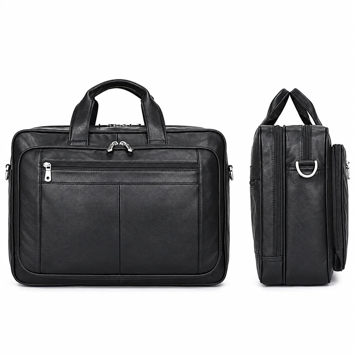 Men’s Black Leather Briefcase - Adjustable Strap 15-Inch Laptop Bag