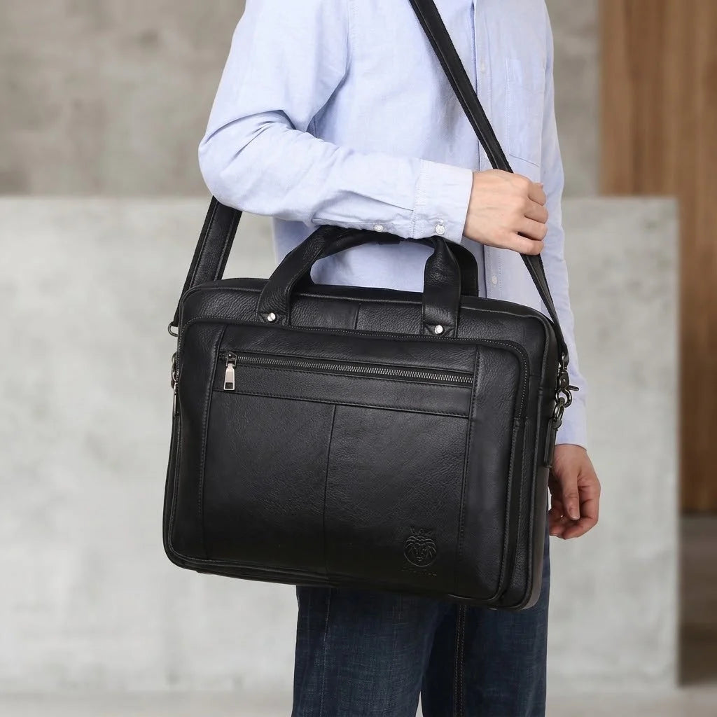 Men’s Black Leather Briefcase - Adjustable Strap 15-Inch Laptop Bag
