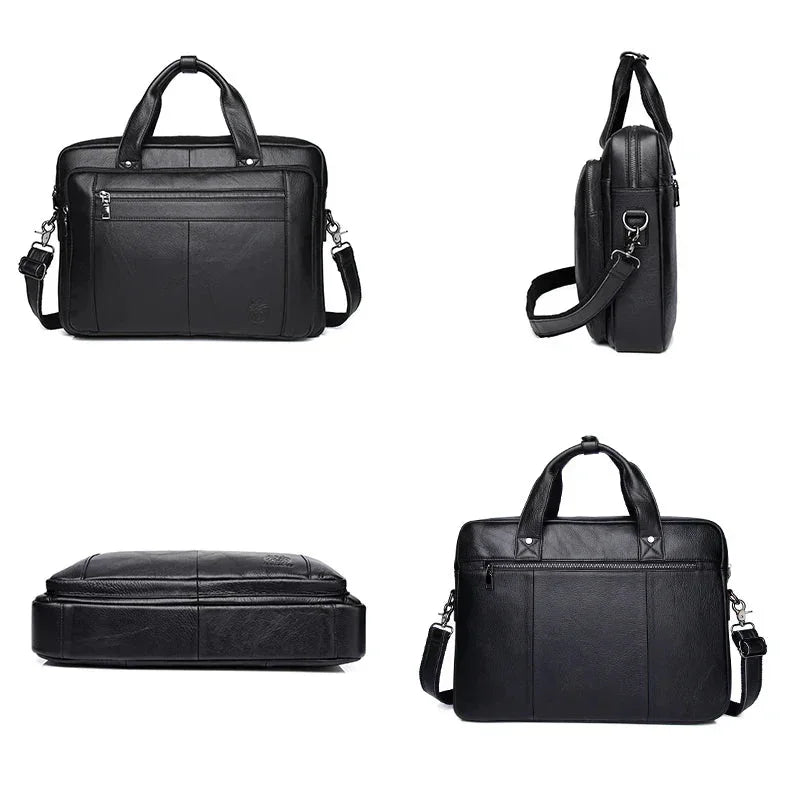 Men’s Black Leather Briefcase - Adjustable Strap 15-Inch Laptop Bag