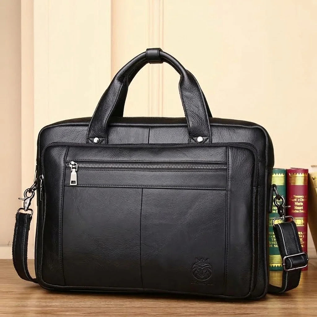 Men’s Black Leather Briefcase - Adjustable Strap 15-Inch Laptop Bag