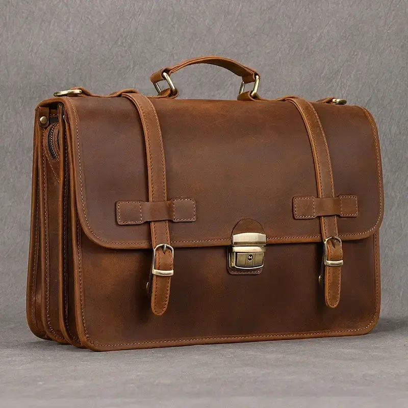 Men’s Leather Briefcase – Brown Multi-Compartment 14 Inch Work Case