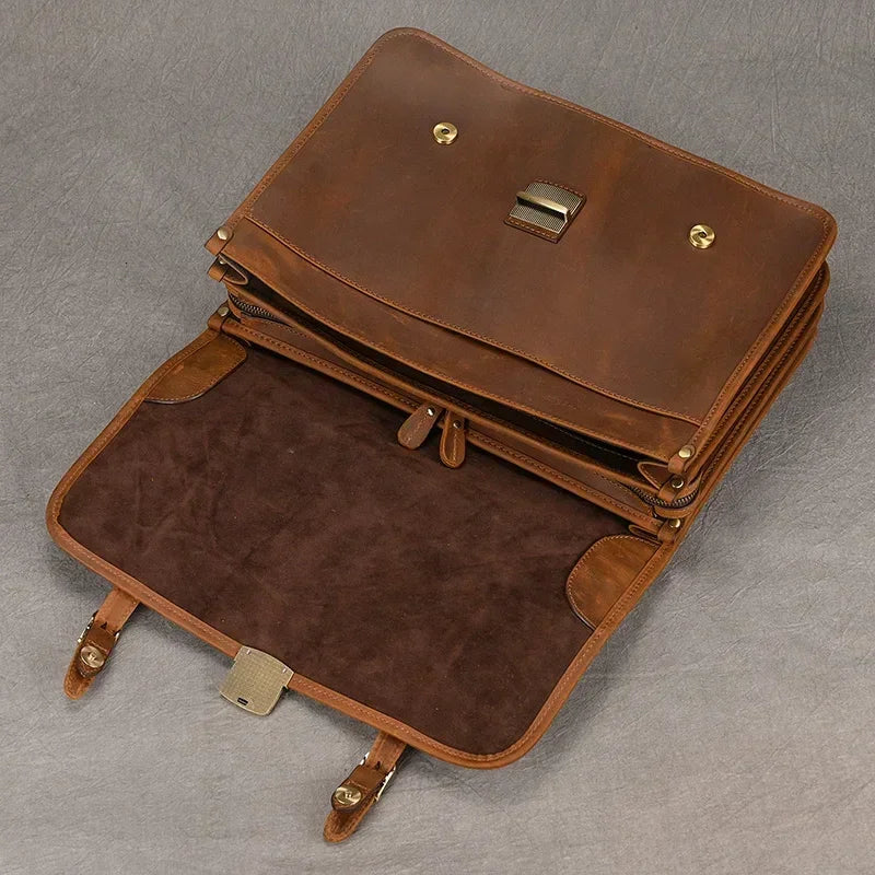 Men’s Leather Briefcase – Brown Multi-Compartment 14 Inch Work Case