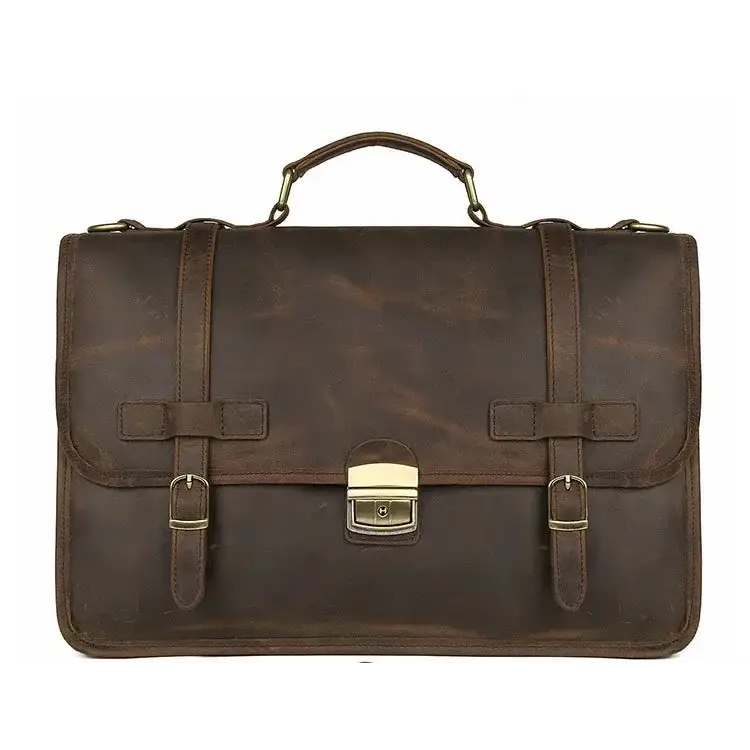 Men’s Leather Briefcase – Brown Multi-Compartment 14 Inch Work Case - Dark brown