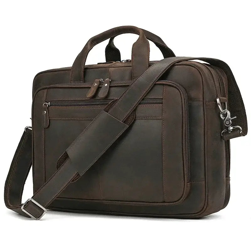 Men’s Leather Briefcase – Brown Wide Format with Front Pocket 14 Inch - Dark brown