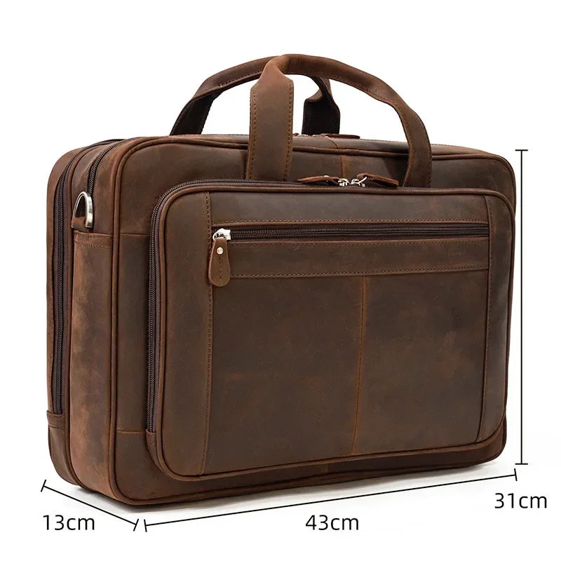 Men’s Leather Briefcase – Brown Wide Format with Front Pocket 14 Inch
