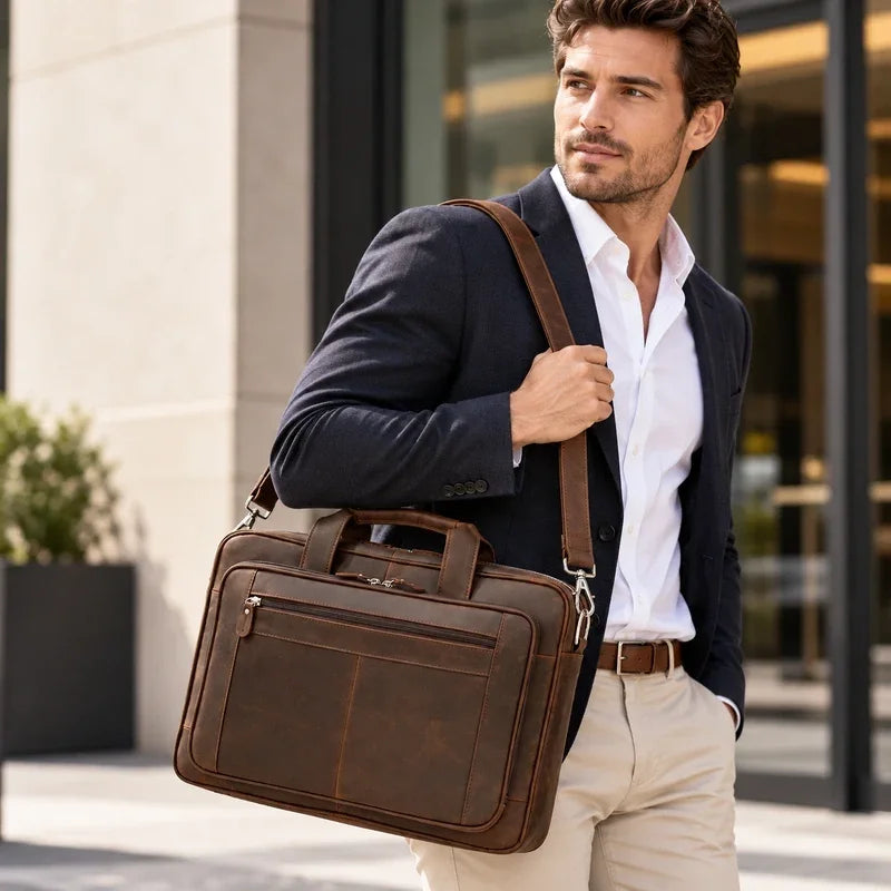 Men’s Leather Briefcase – Brown Wide Format with Front Pocket
