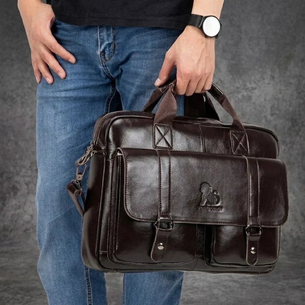 Men’s Leather Briefcase - Dual Buckle Flap Laptop Bag