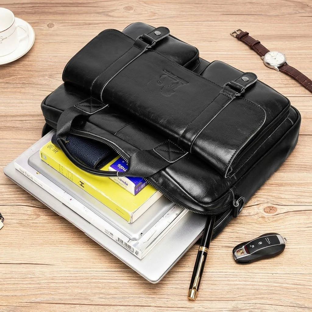 Men’s Leather Briefcase - Dual Buckle Flap Laptop Bag