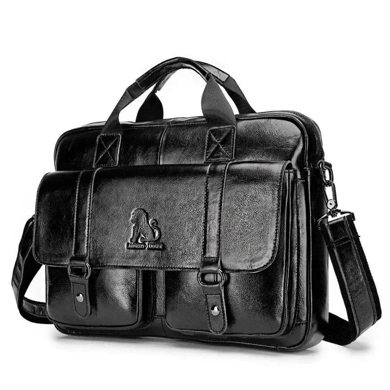 Men’s Leather Briefcase - Dual Buckle Flap Laptop Bag - Black