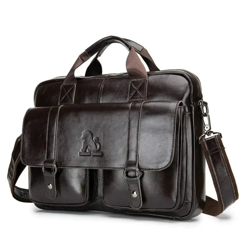 Men’s Leather Briefcase - Dual Buckle Flap Laptop Bag - Dark brown