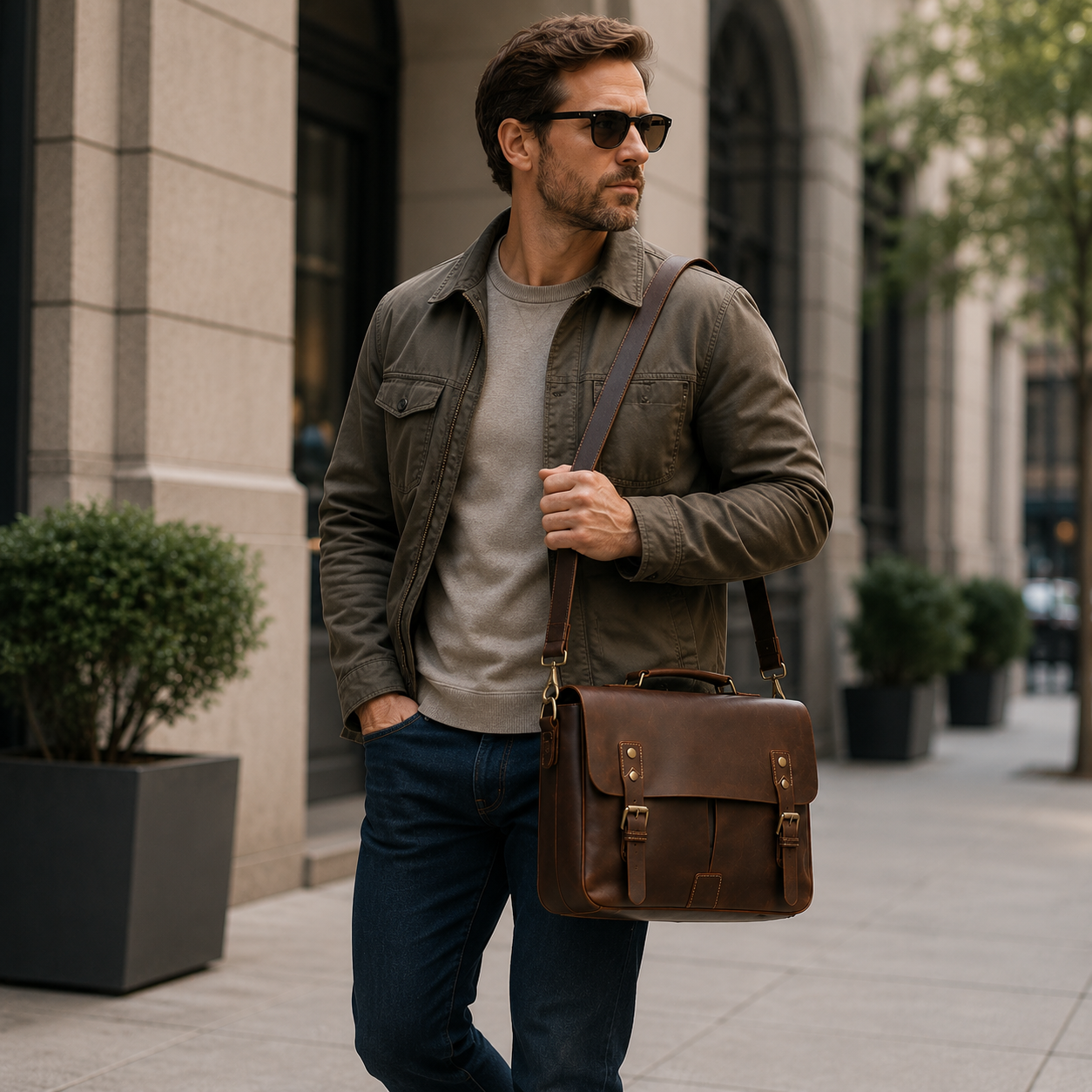 Elegant man carrying a vintage brown leather messenger bag on an American urban street.