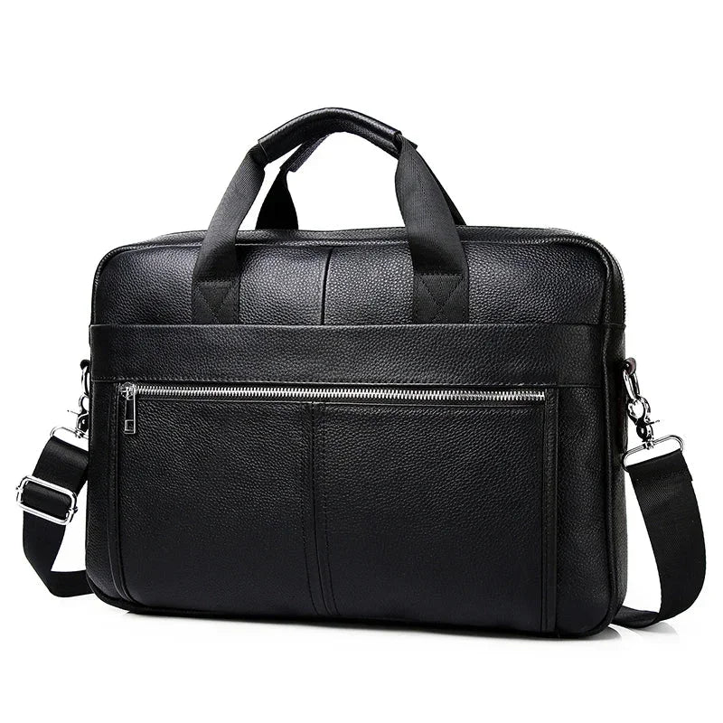 Structured black leather business briefcase for a 15 inch laptop