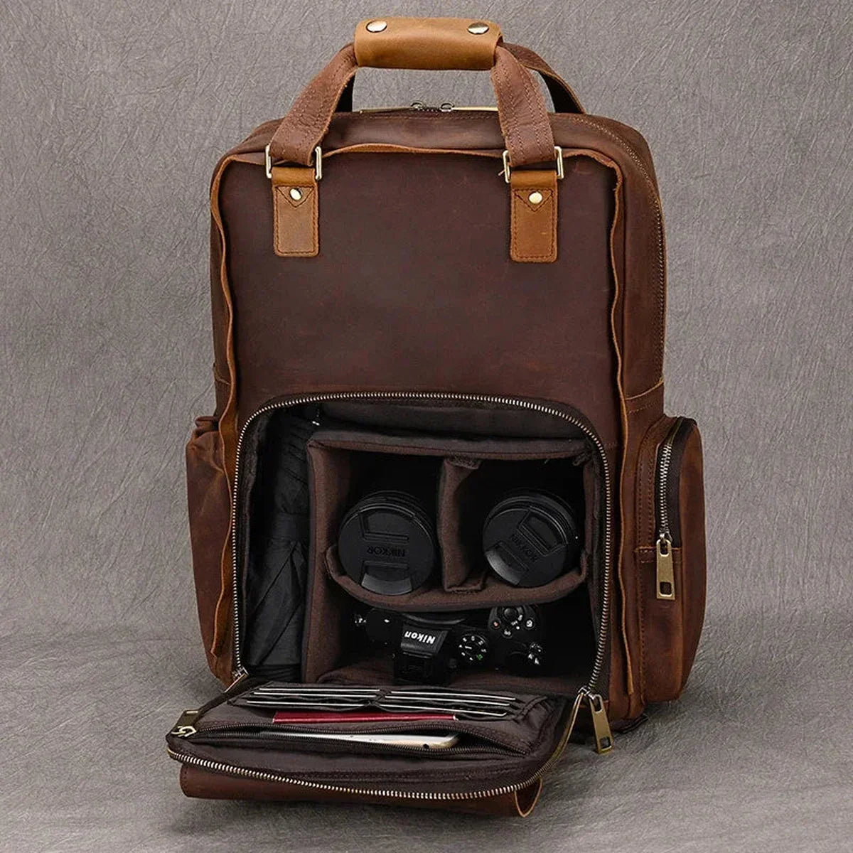 Men’s Leather Camera Backpack - Crazy Horse DSLR & Laptop Bag