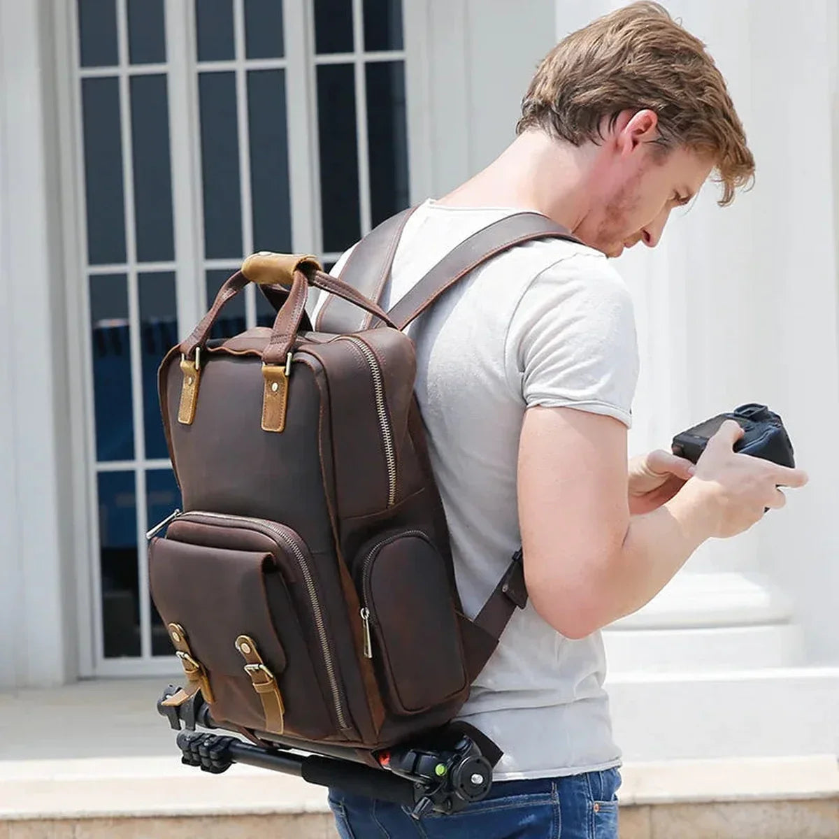Men’s Leather Camera Backpack - Crazy Horse DSLR & Laptop Bag