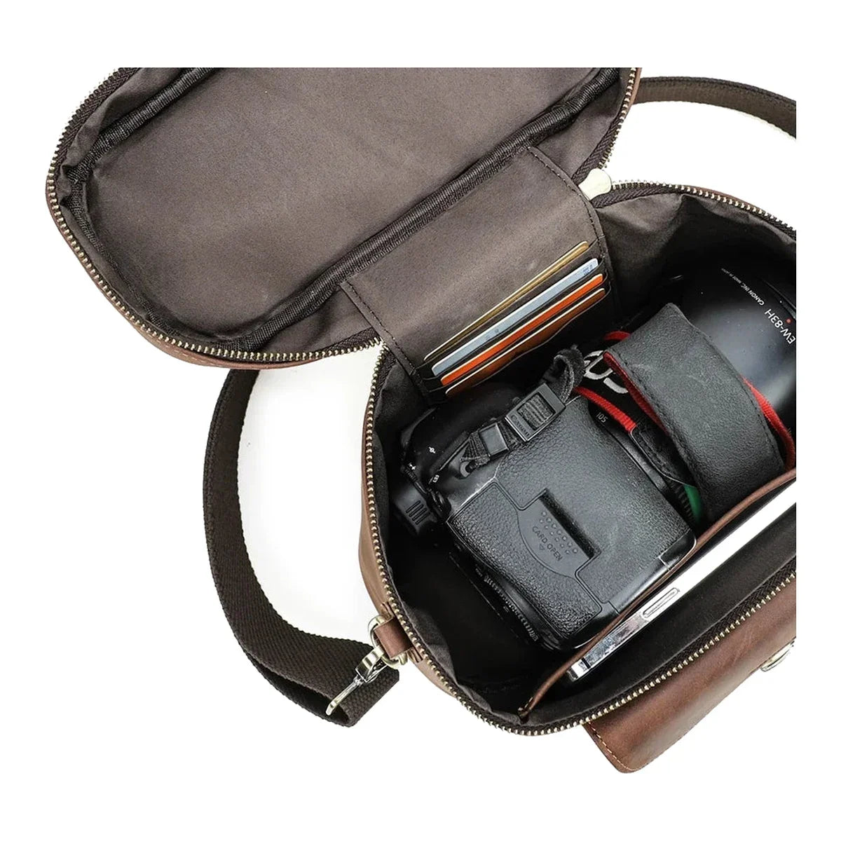 Men’s Leather Camera Bag - Crazy Horse Top Handle Crossbody Case - Dark Brown