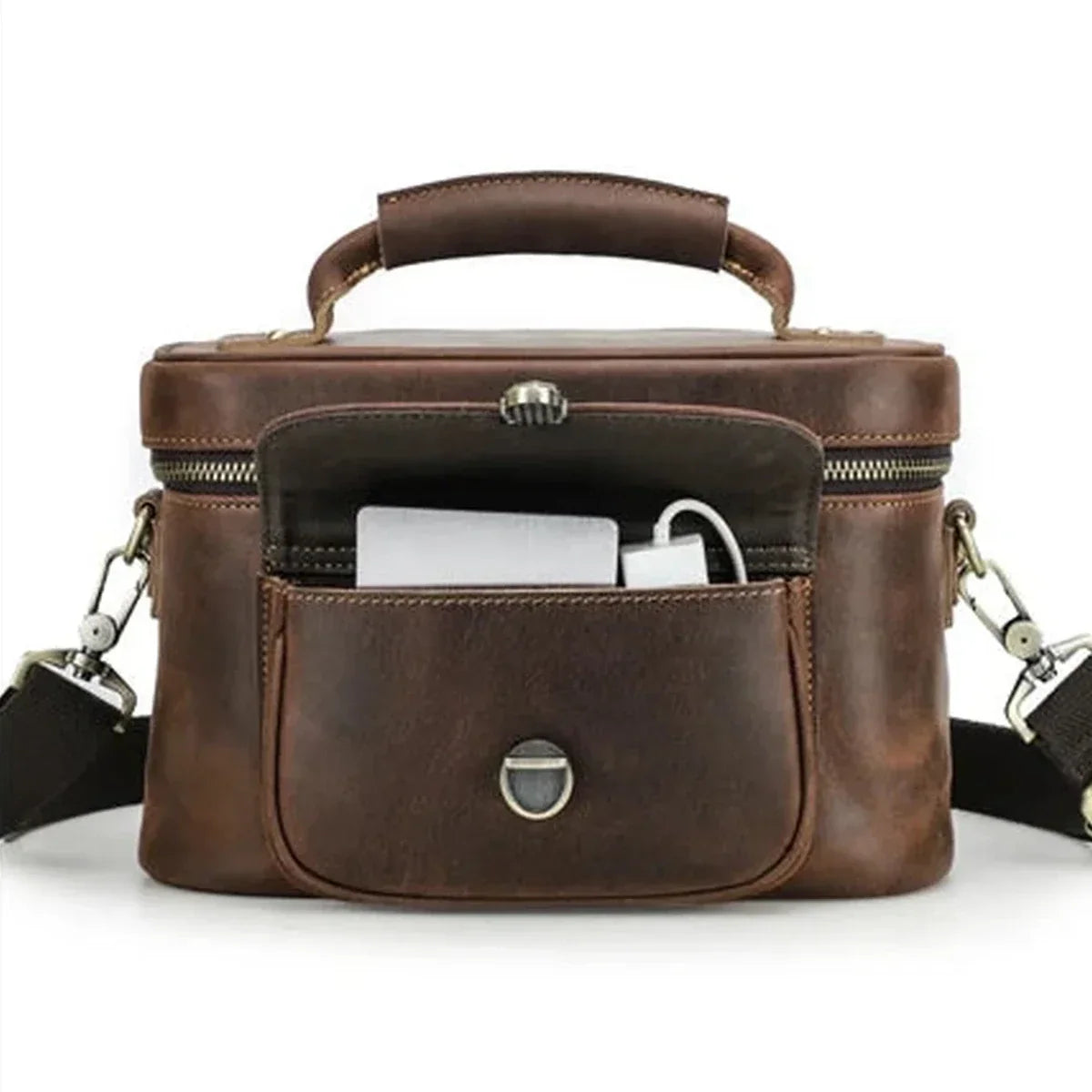 Men’s Leather Camera Bag - Crazy Horse Top Handle Crossbody Case - Dark Brown