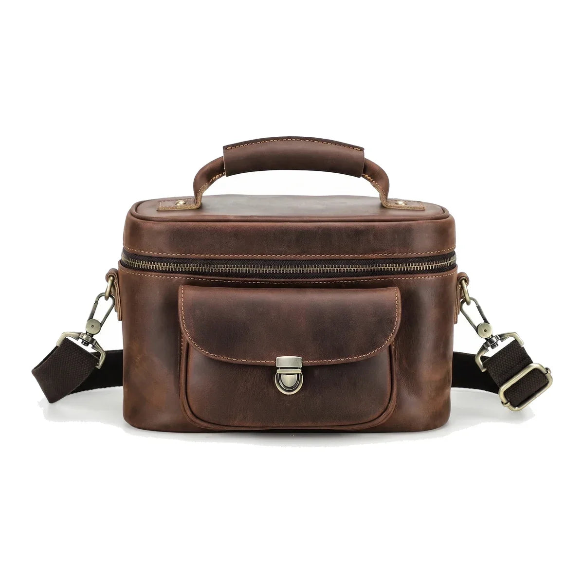 Men’s Leather Camera Bag - Crazy Horse Top Handle Crossbody Case - Dark Brown