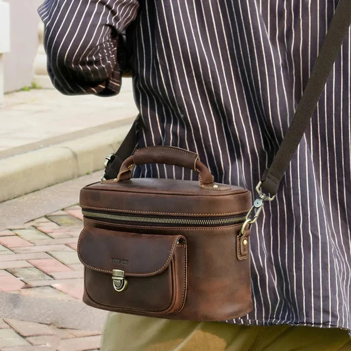 Men’s Leather Camera Bag - Crazy Horse Top Handle Crossbody Case - Dark Brown