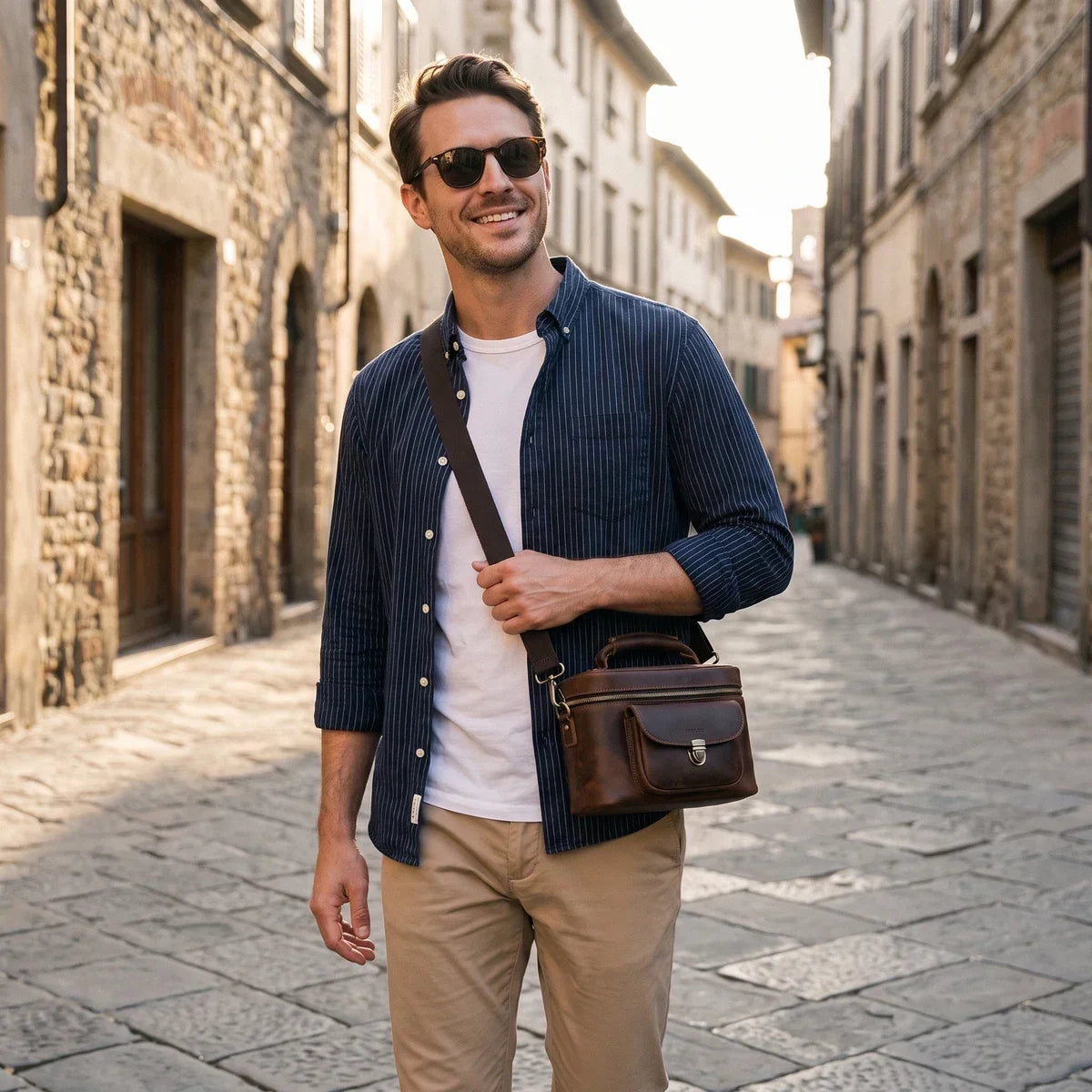 Men’s Leather Camera Bag - Crazy Horse Top Handle Crossbody Case - Dark Brown