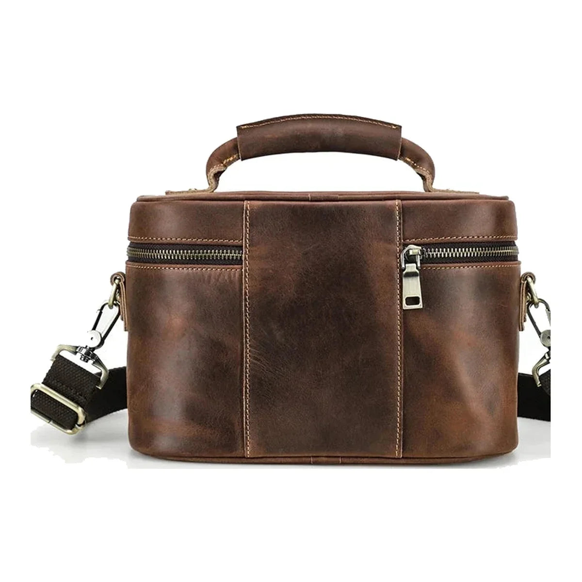 Men’s Leather Camera Bag - Crazy Horse Top Handle Crossbody Case - Dark Brown