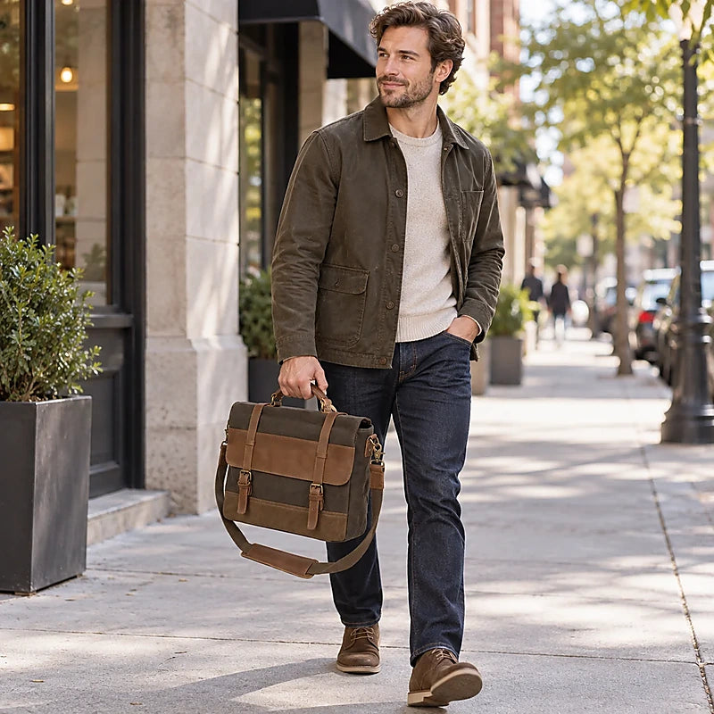 Men’s Leather Canvas Messenger Bag – Vintage Laptop Carry