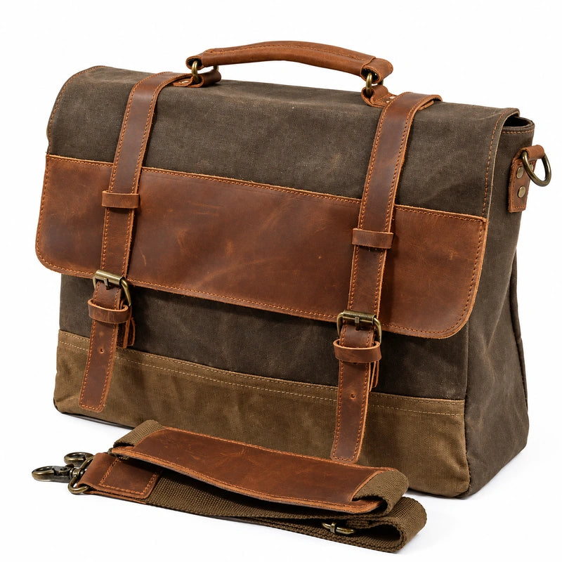Men’s Leather Canvas Messenger Bag – Vintage Laptop Carry