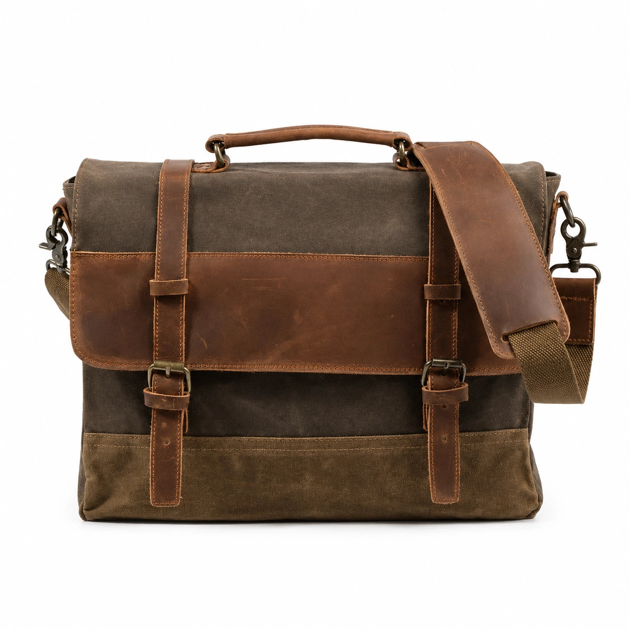 Brown leather and canvas messenger bag for laptop and daily carry