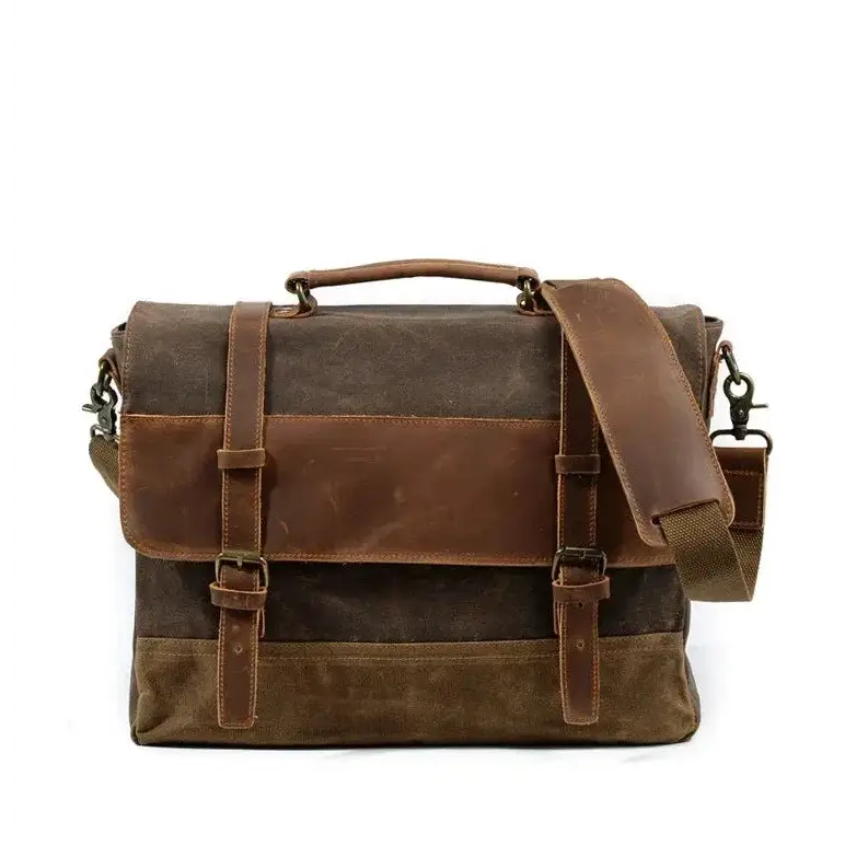 Men’s Leather Canvas Messenger Bag – Vintage Laptop Carry - Brown