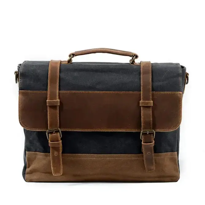 Men’s Leather Canvas Messenger Bag – Vintage Laptop Carry - Grey