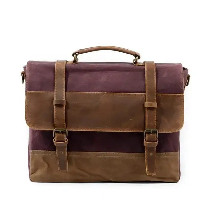 Men’s Leather Canvas Messenger Bag – Vintage Laptop Carry - Purple