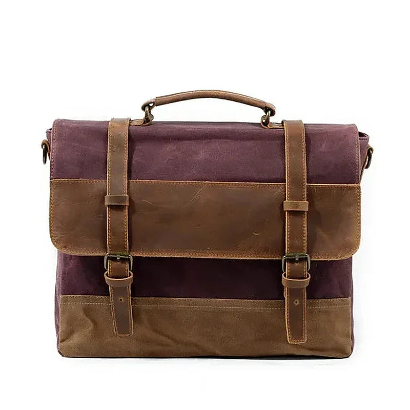 Men’s Leather Canvas Messenger Bag – Vintage Laptop Carry - Purple