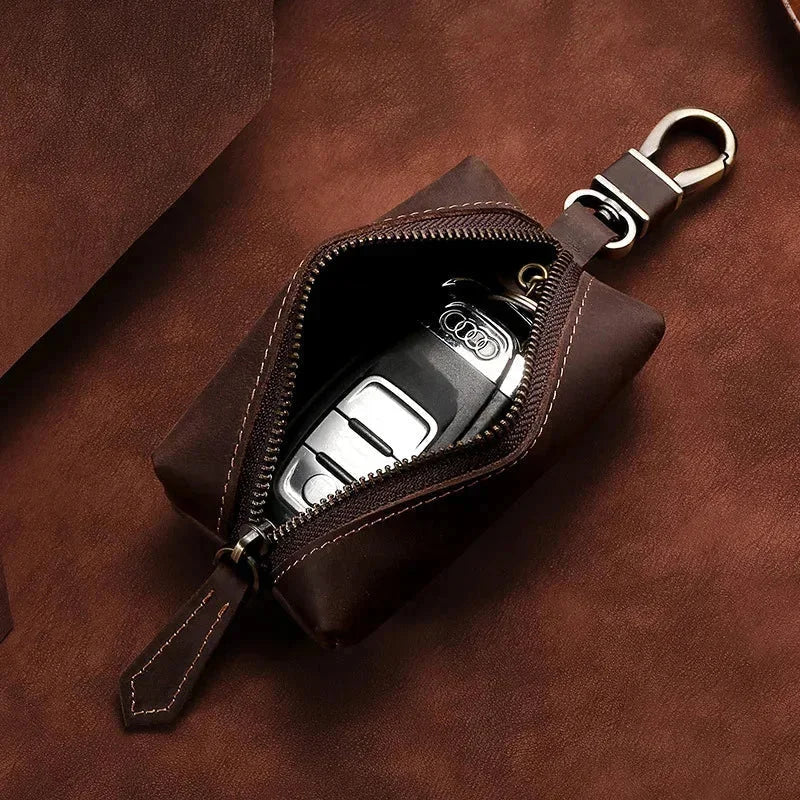 Men’s Leather Car Key Holder - Zip Pouch with Clip