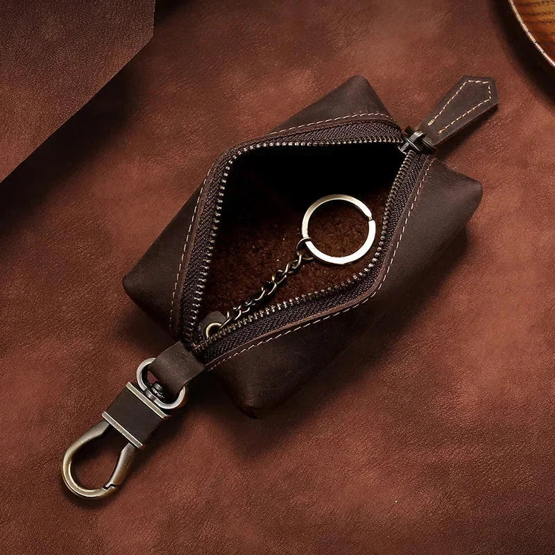 Men’s Leather Car Key Holder - Zip Pouch with Clip