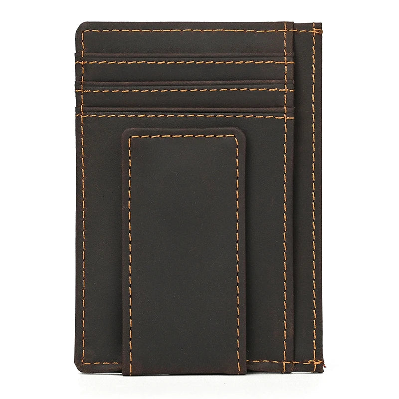 Black leather wallet with orange stitching on a white background