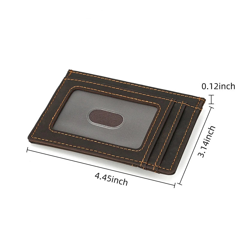 Brown leather cardholder with measurements on a white background