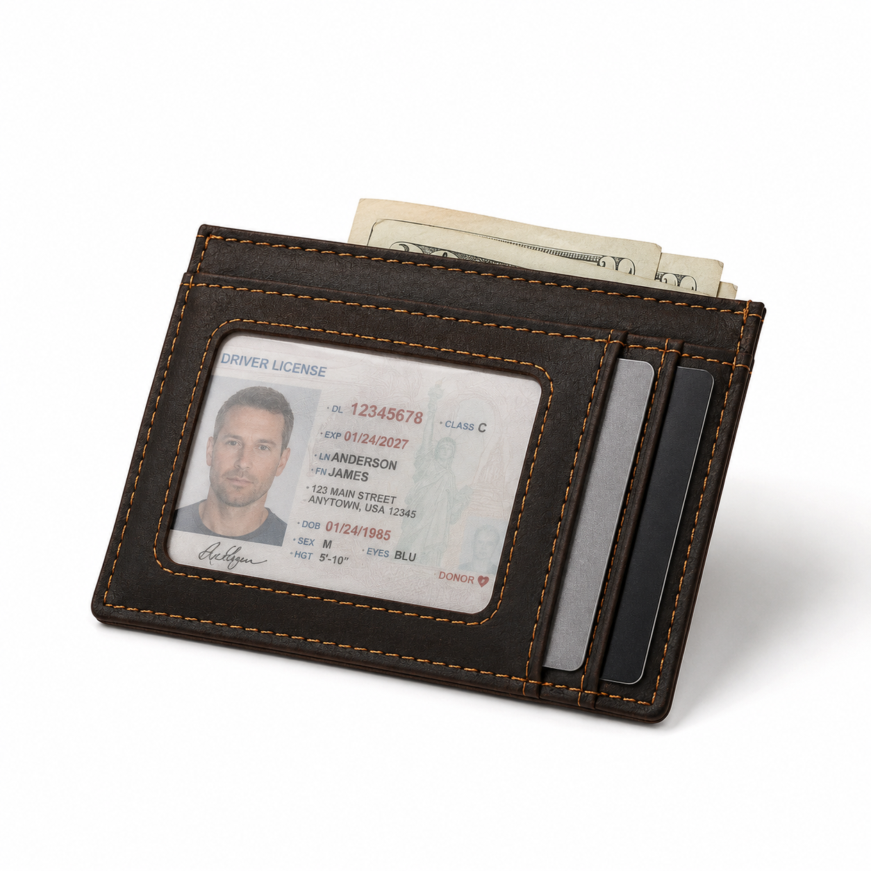 Black leather wallet with card slots and ID holder on a white background
