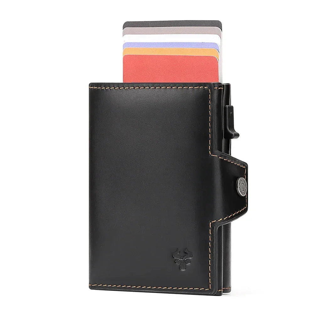 Men’s Leather Card Holder - RFID Wallet with Coin Pocket - Black
