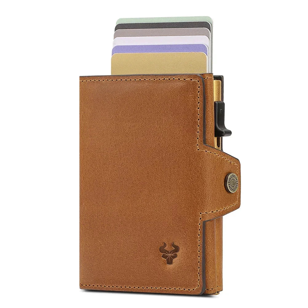 Men’s Leather Card Holder - RFID Wallet with Coin Pocket - Brown