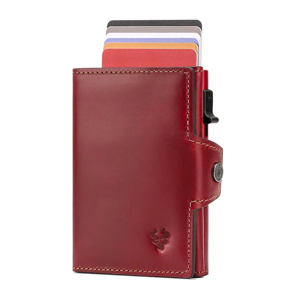 Men’s Leather Card Holder - RFID Wallet with Coin Pocket - Red