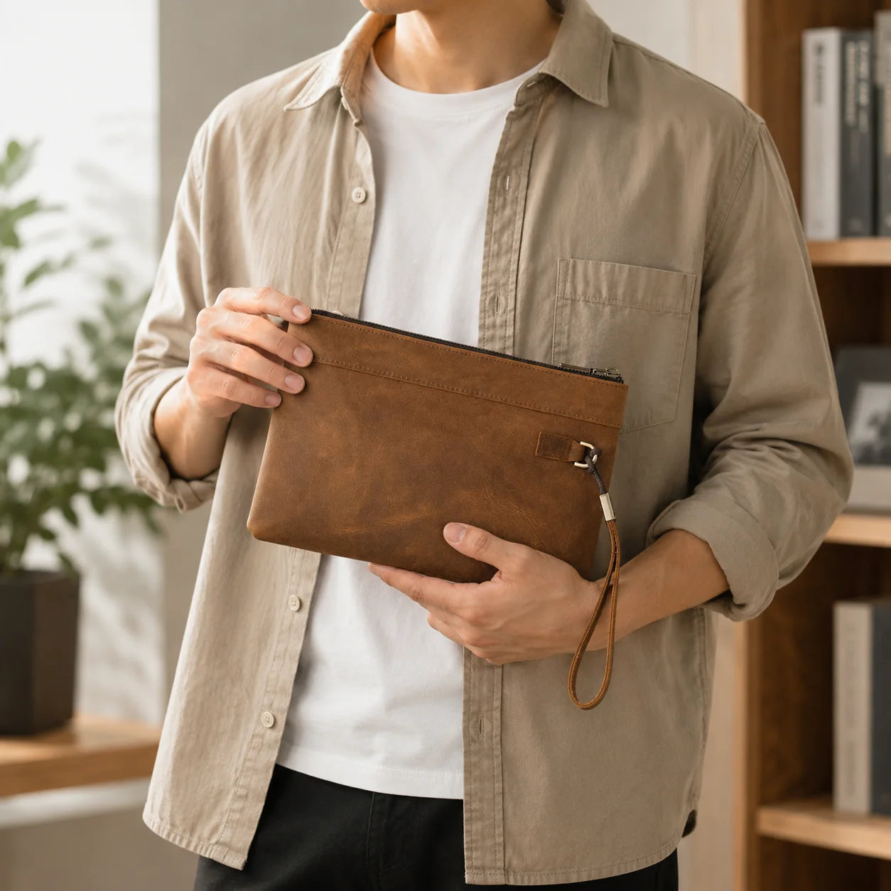 Men’s Leather Card Holder Wallet - 6-Slot Wrist Pouch
