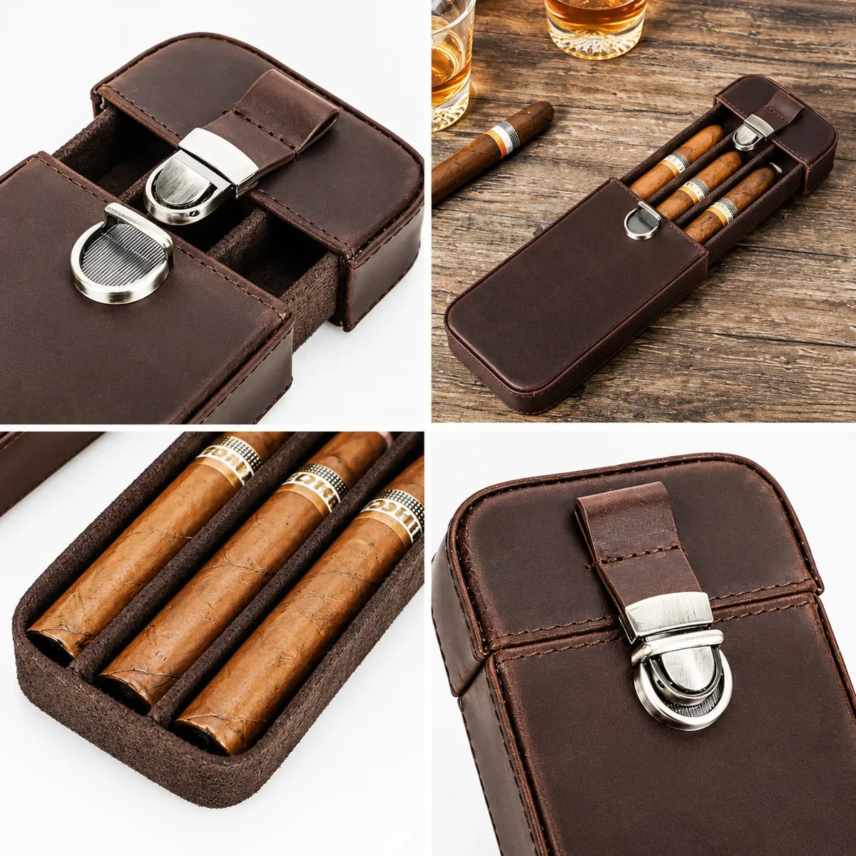 Men’s Leather Cigar Case - 3-Cigar Travel Holder - Brown