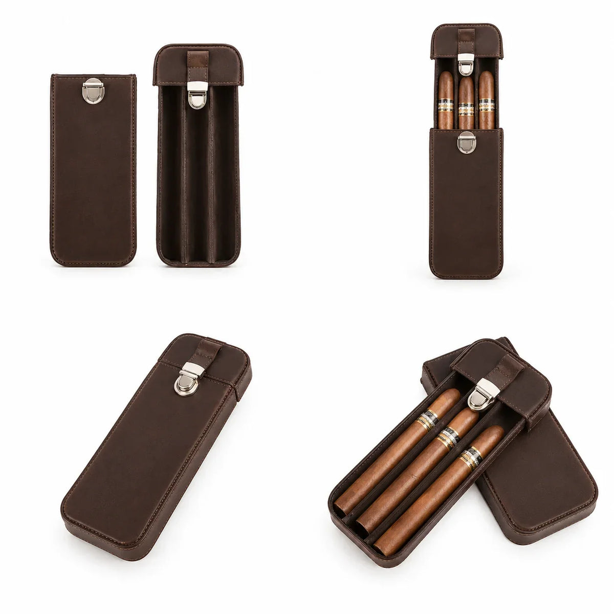 Men’s Leather Cigar Case - 3-Cigar Travel Holder - Brown