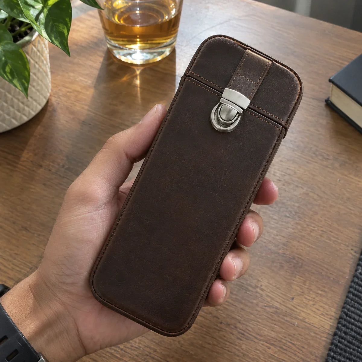 Men’s Leather Cigar Case - 3-Cigar Travel Holder - Brown