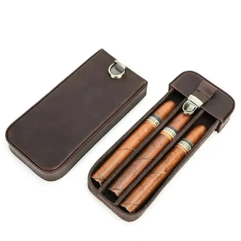 Men’s Leather Cigar Case - 3-Cigar Travel Holder - Brown