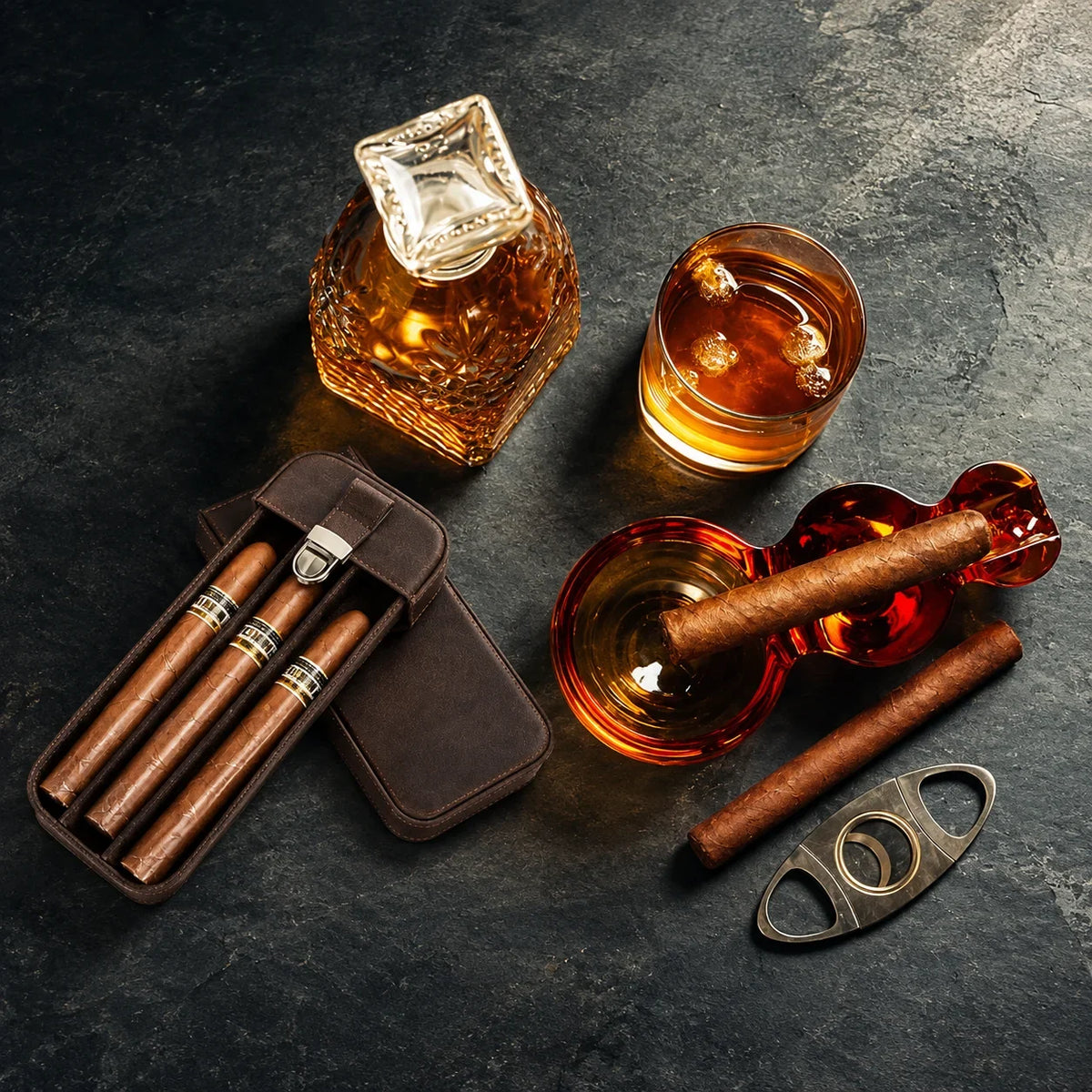 Men’s Leather Cigar Case - 3-Cigar Travel Holder - Brown
