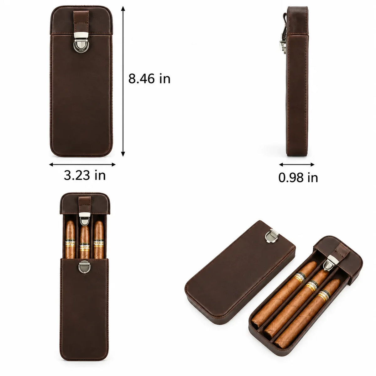 Men’s Leather Cigar Case - 3-Cigar Travel Holder - Brown